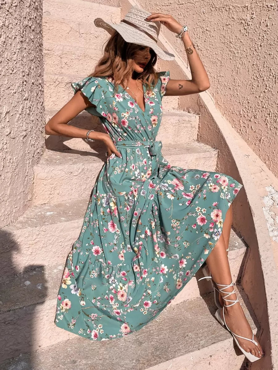 Vestido Isabela Longo Floral com Babados