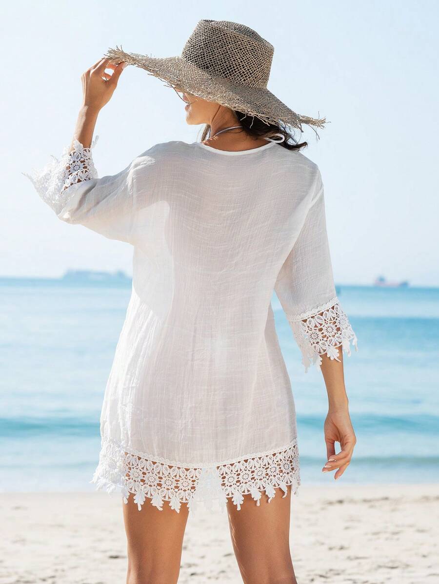 Saída de Praia Kimono Renda Patchwork