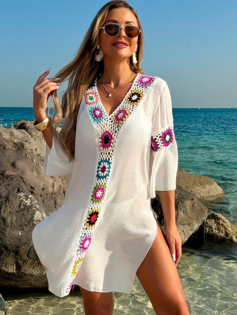 Saída de Praia Crochê Floral Fenda Lateral