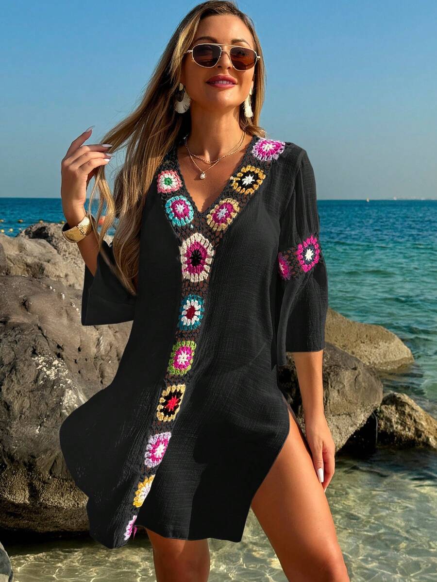 Saída de Praia Crochê Floral Fenda Lateral