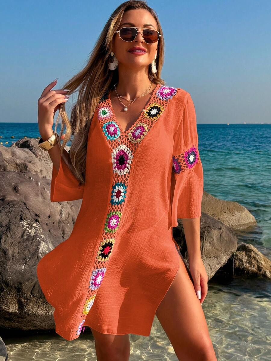 Saída de Praia Crochê Floral Fenda Lateral
