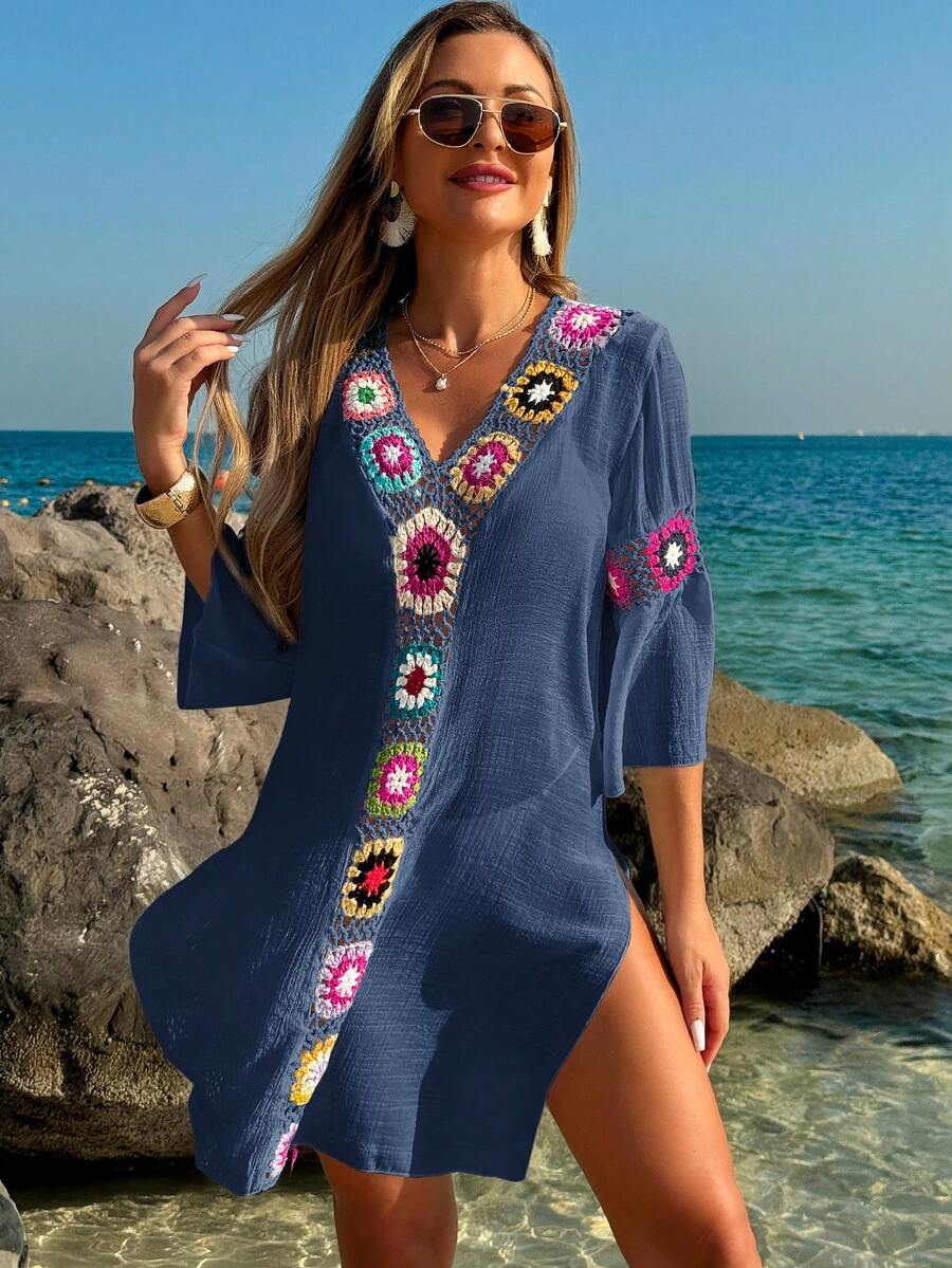 Saída de Praia Crochê Floral Fenda Lateral