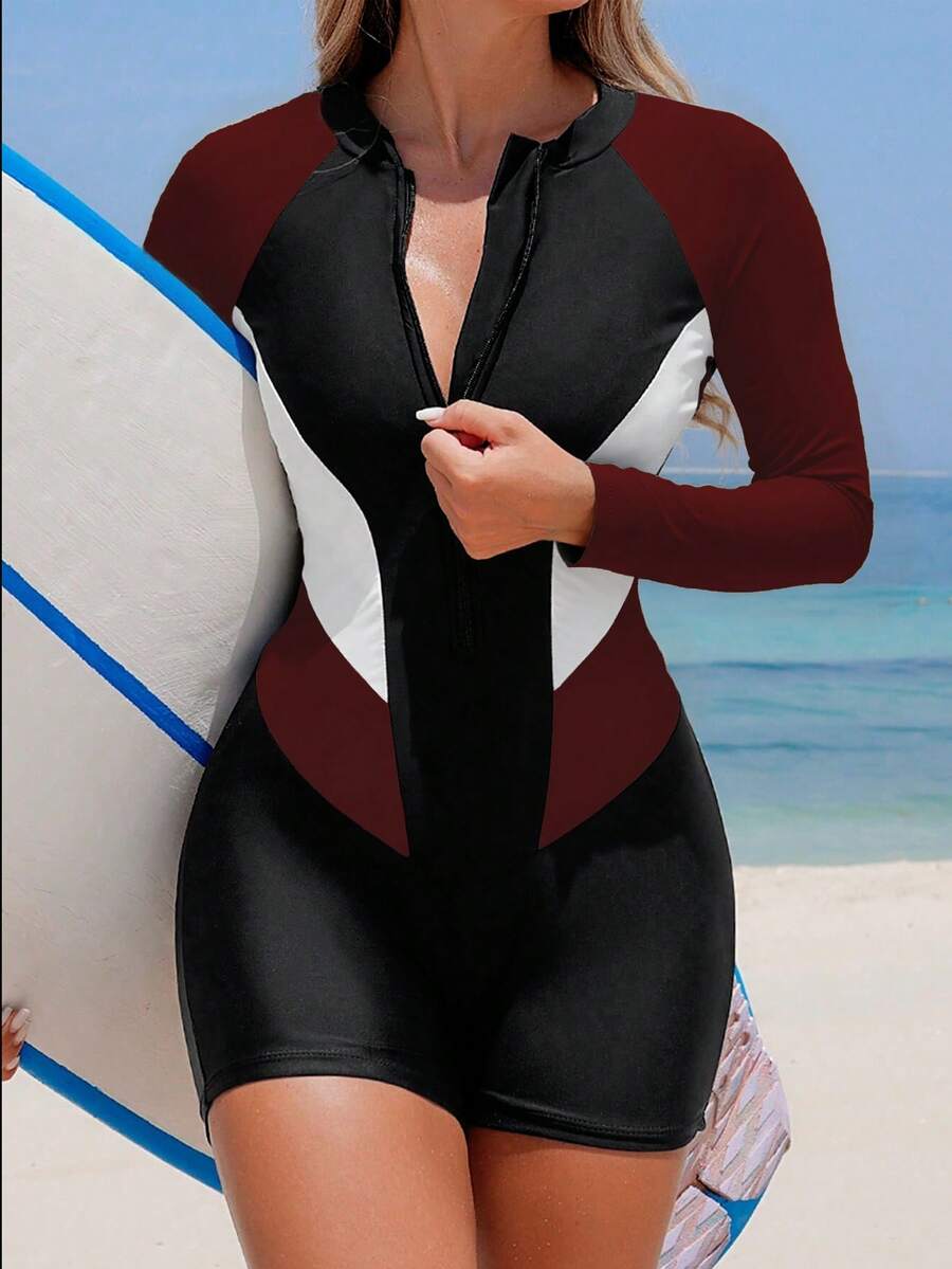 Maiô Manga Longa Colorblock com Zíper
