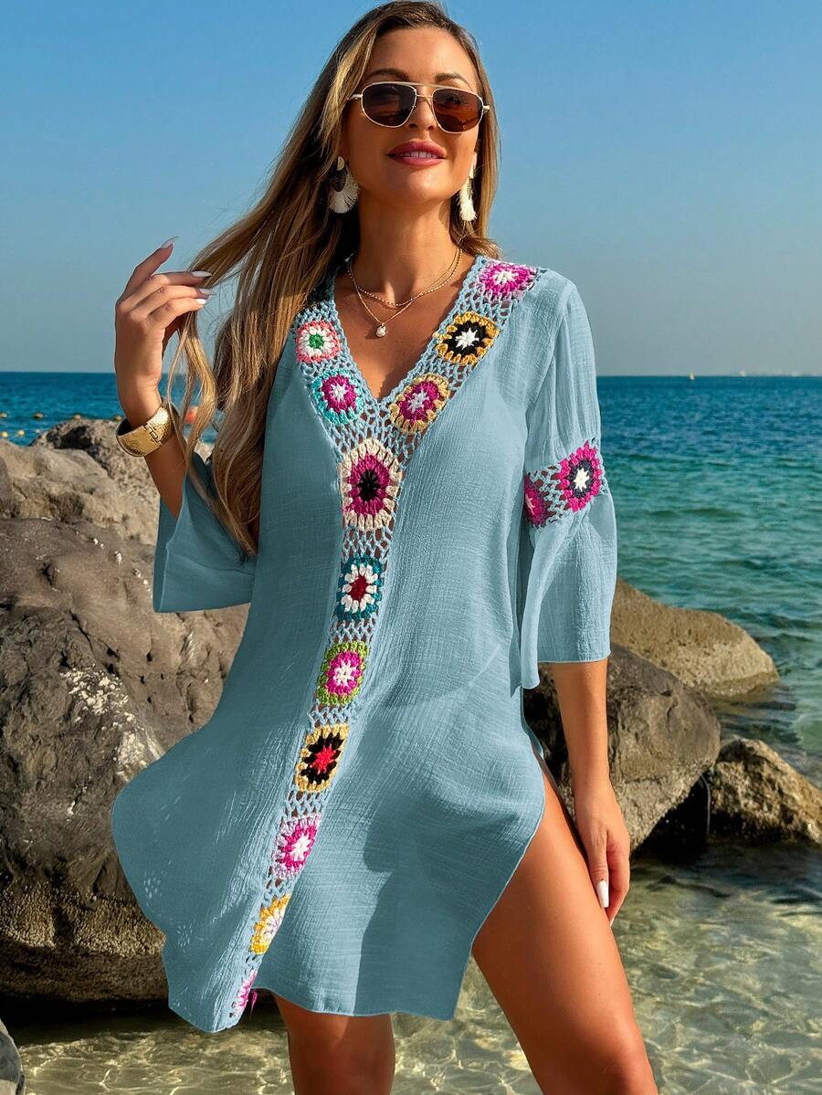 Saída de Praia Crochê Floral Fenda Lateral