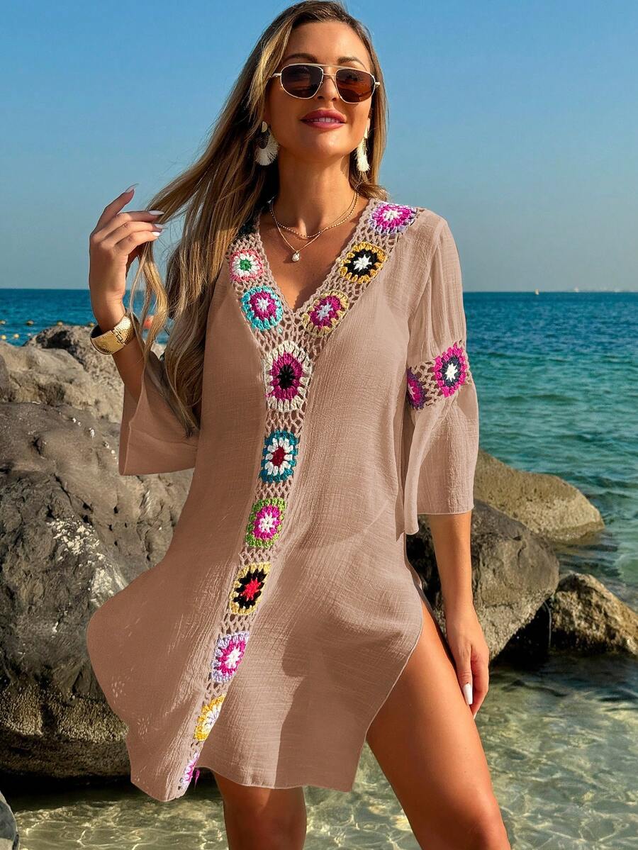 Saída de Praia Crochê Floral Fenda Lateral