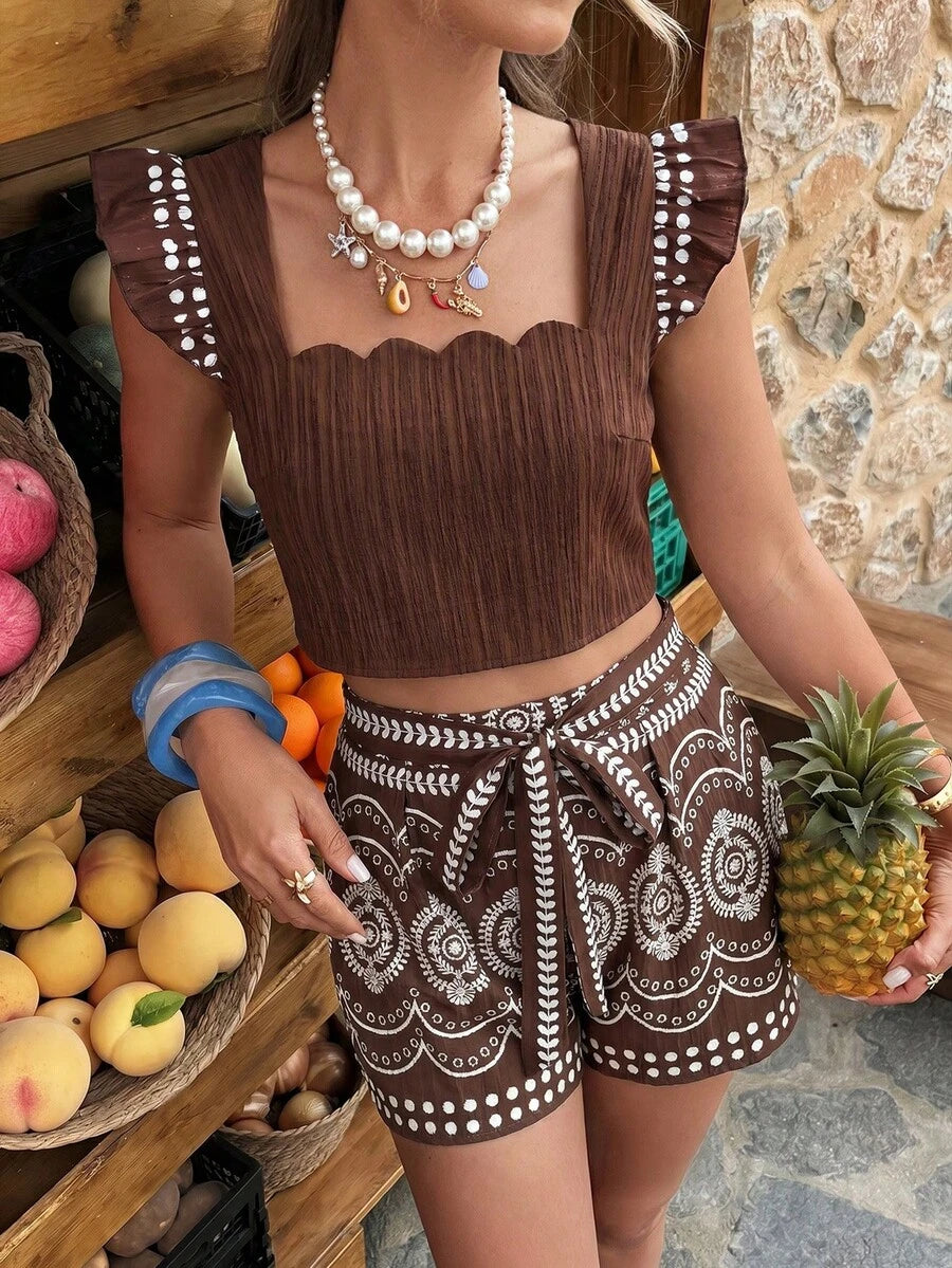 Conjunto Flora Top Gola Babado e Shorts