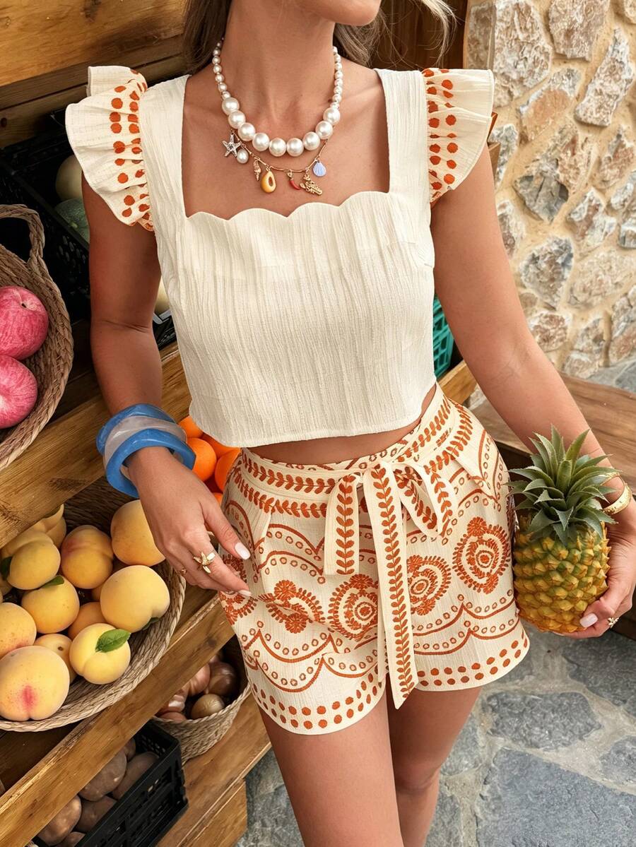 Conjunto Flora Top Gola Babado e Shorts