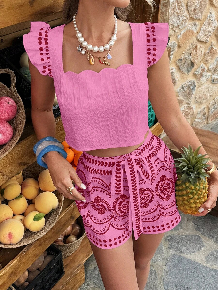 Conjunto Flora Top Gola Babado e Shorts
